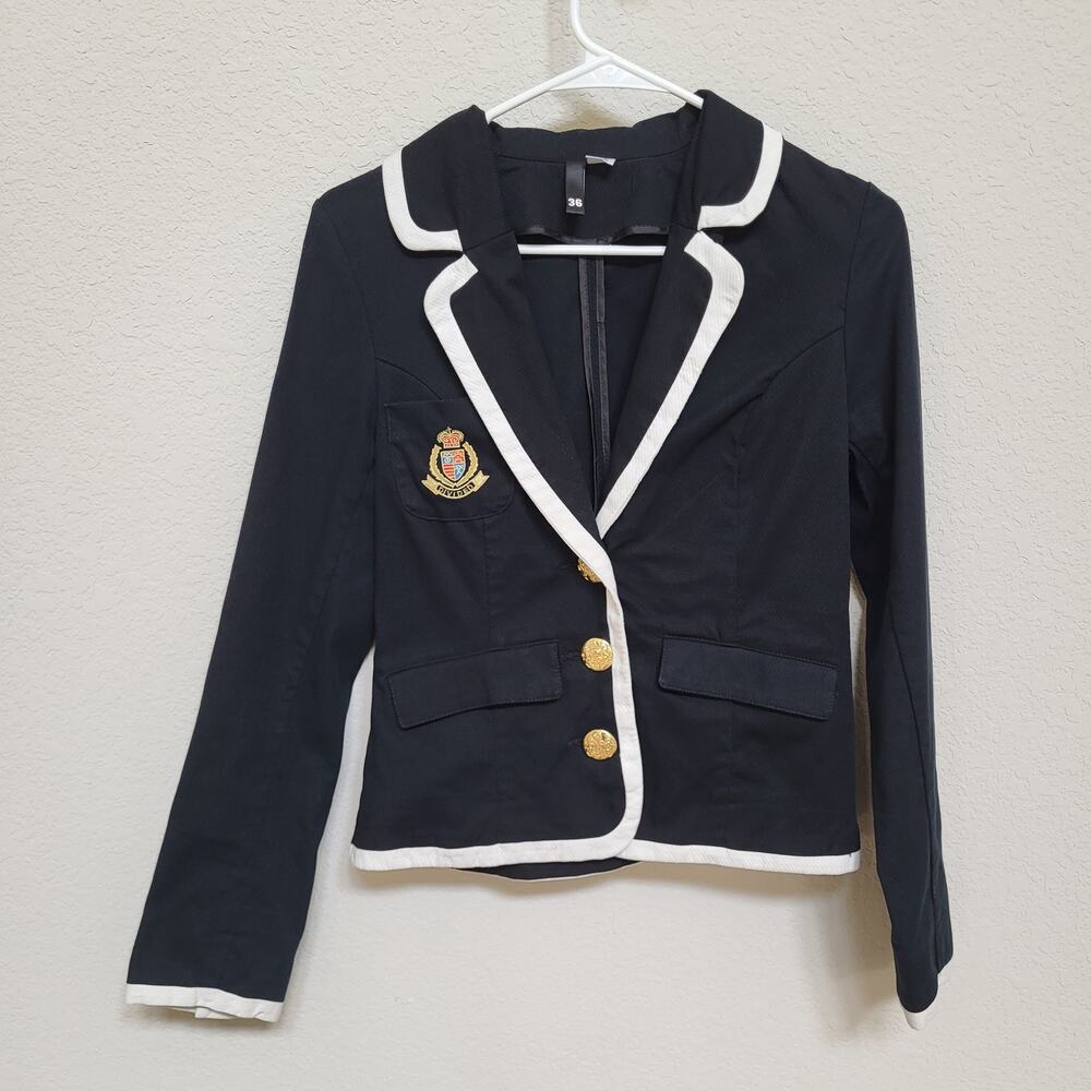 H&M Divided Womens Blazer Size XS READ Black Blazer Jacket Gold Buttons Preppy